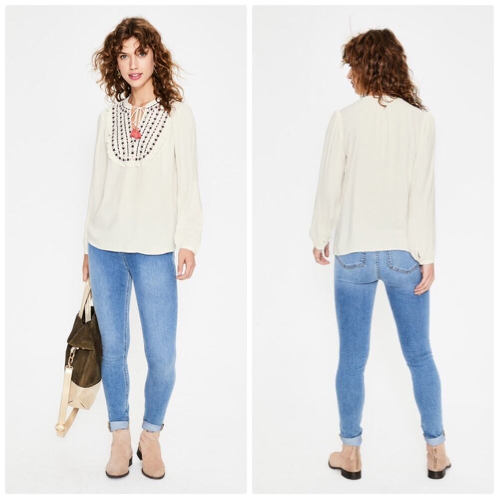 Boden Women's‎ Polly White Embroidered Long Sleeve Tie Neck Top Blouse NEW